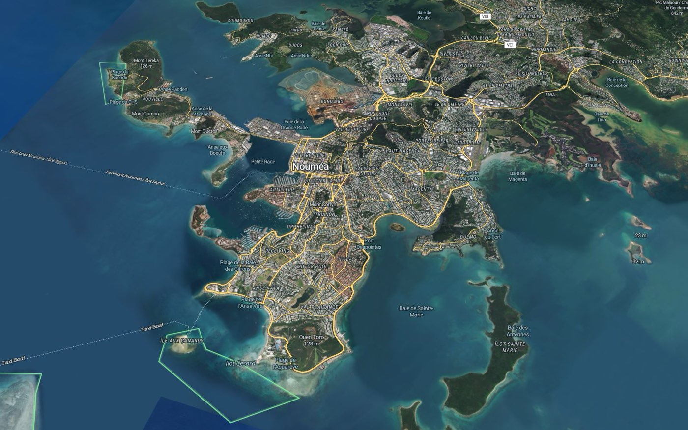 Nouméa en vue satellite avec les noms de lieux